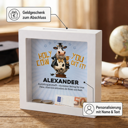 Personalisierte Bilderrahmen-Spardose mit Name Alexander als Geldgeschenk zur bestandenen Ausbildung