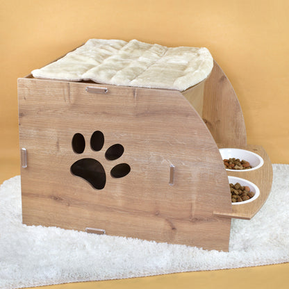 Katzenhaus in Eiche-Optik von der Rückseite mit Pfoten-Ausfräsung, Dachkissen und Futterstation