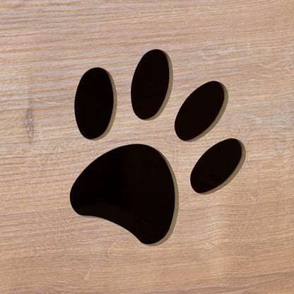 Pfotenförmige Ausfräsung an der Rückseite des Katzenhauses in Eiche-Optik
