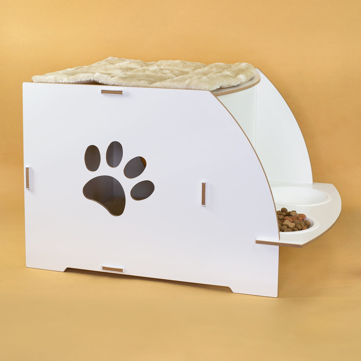 Weißes Katzenhaus mit Pfoten-Ausfräsung, Dachkissen und seitlicher Futterstation