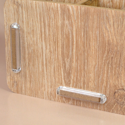 Detailaufnahme des Make-up Organizers in Eiche-Optik mit transparenten clipfritz Klammern