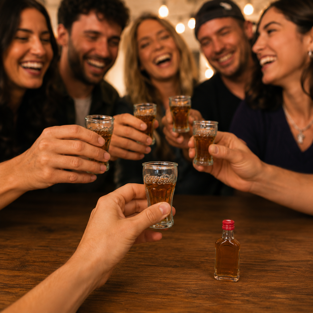 Freunde stoßen mit kleinen Coca-Cola Schnapsgläsern bei einer Feier an