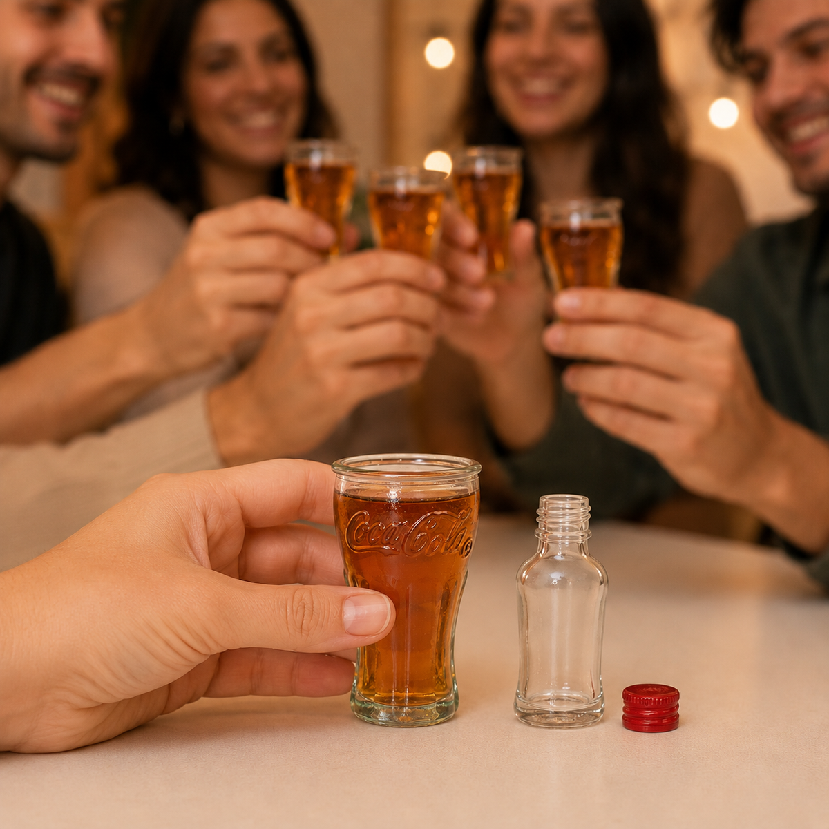 Gruppe feiert mit gefüllten Coca-Cola Stampergläsern und kleiner Flasche auf dem Tisch