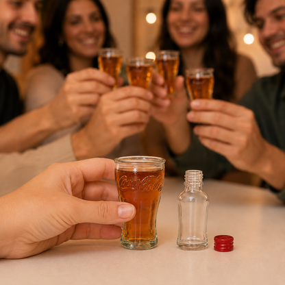 Gruppe feiert mit gefüllten Coca-Cola Stampergläsern und kleiner Flasche auf dem Tisch