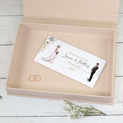 Innenansicht der beigen Erinnerungsbox mit Karte und Ringen als Beispiel für Hochzeitserinnerungen