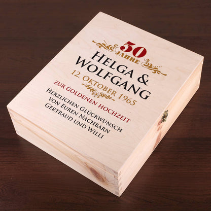 Geschenkverpackung aus Holz  mit persönlichem Aufdruck zur goldenen Hochzeit