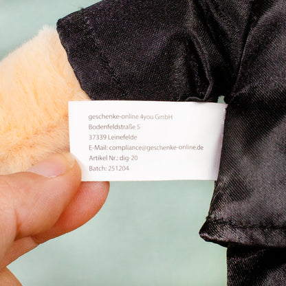 Herstelleretikett am personalisierten Bräutigam Kuscheltier mit Artikelnummer