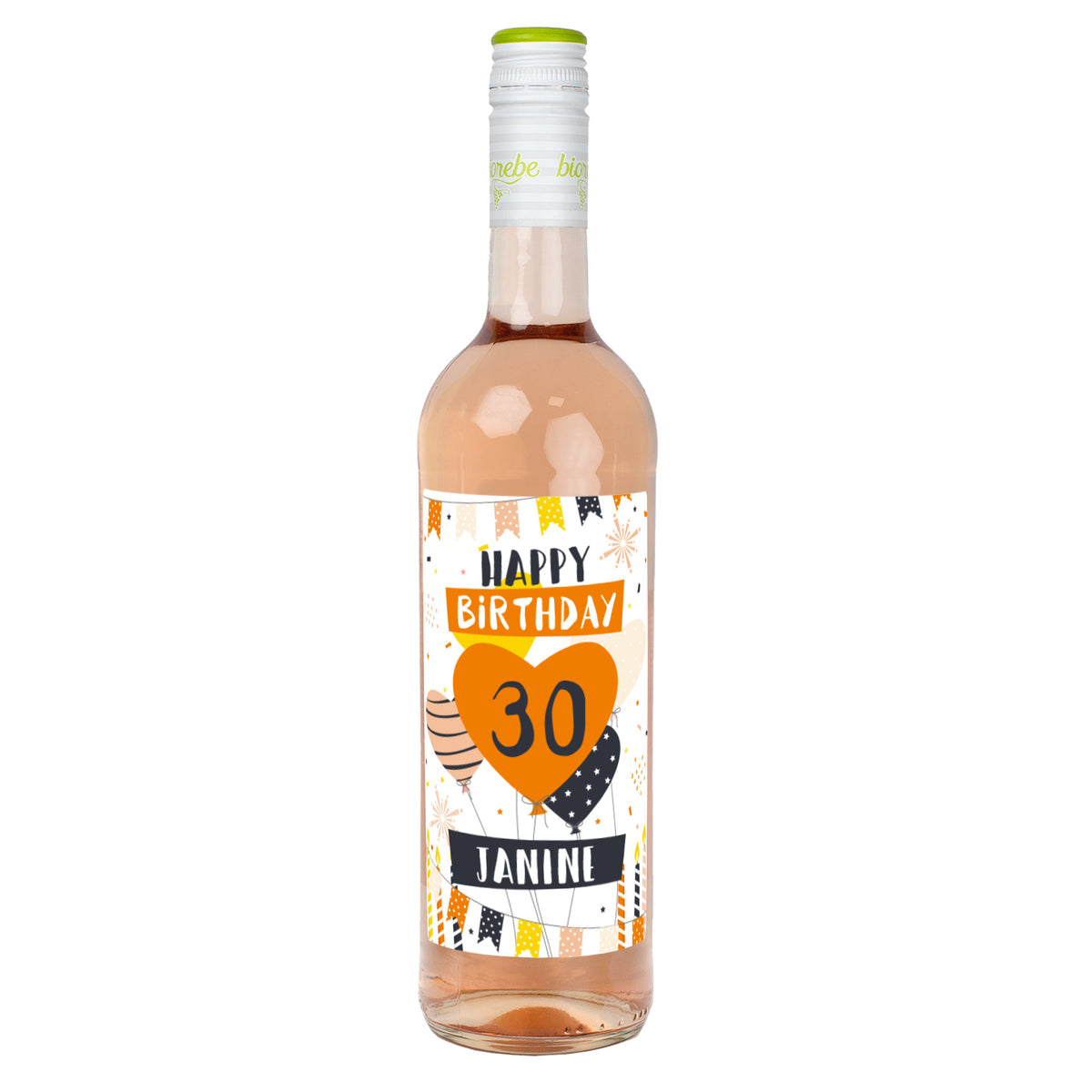 Roséweinflasche mit personalisiertem Etikett „Happy Birthday 30 Janine“, orangefarbenes Herz und Party-Design, freigestellt auf weißem Hintergrund.