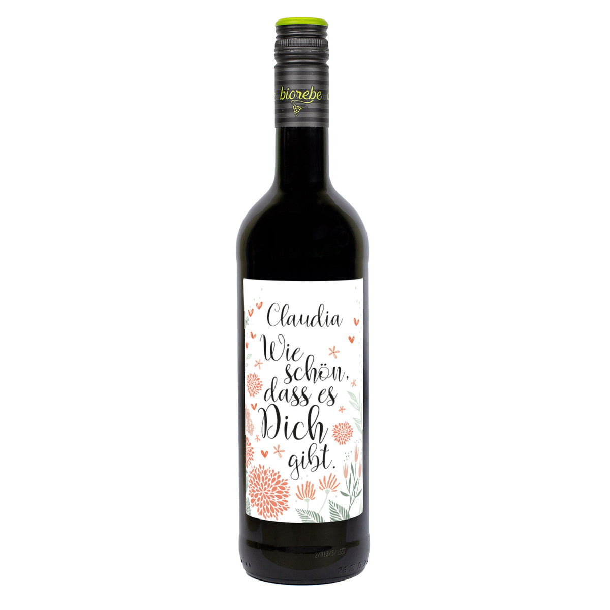 Weinflasche Rotwein mit Floraldekor und Aufschrift „Wie schön, dass es Dich gibt“ – personalisiert mit Name