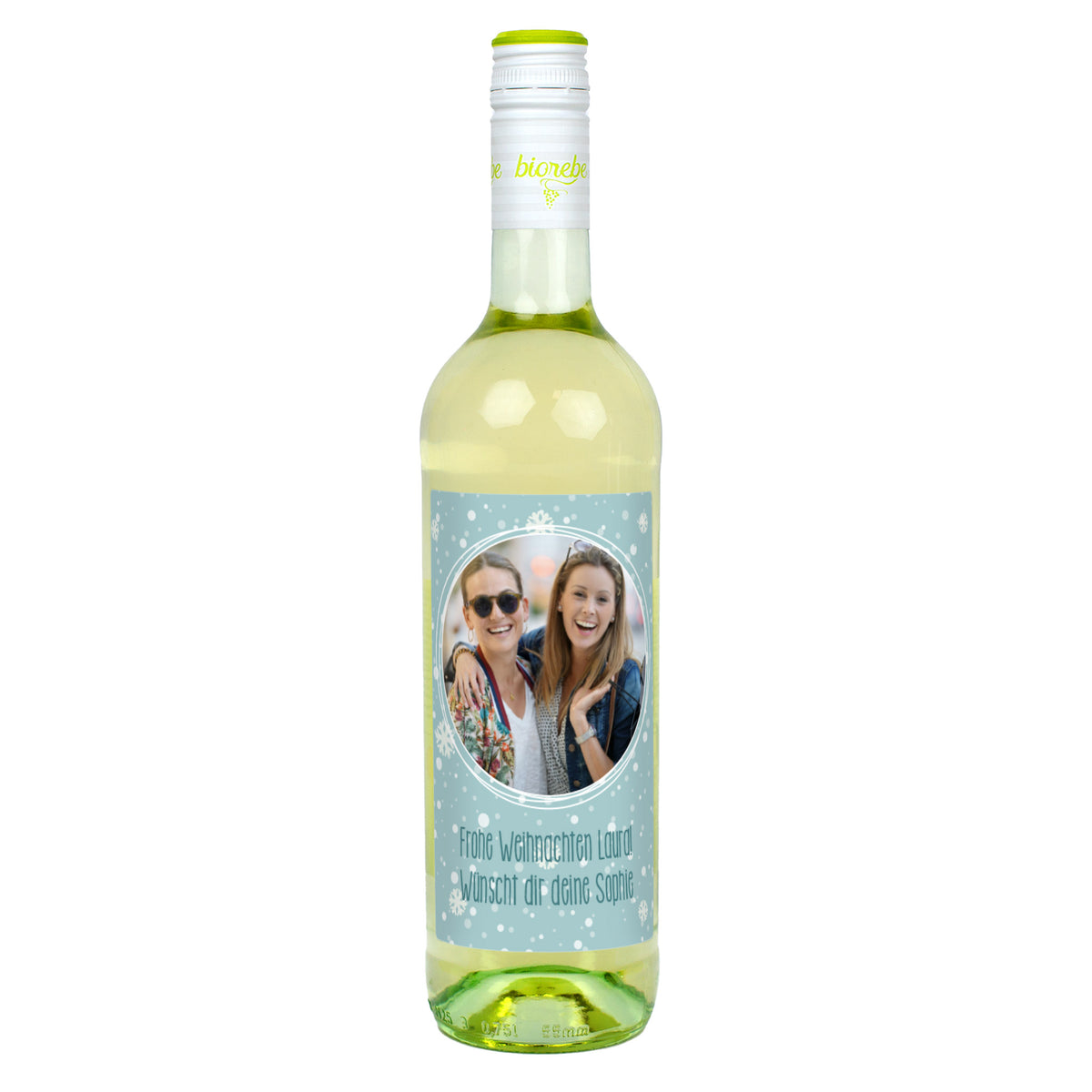 Weinflasche mit persönlichem Etikett und Foto zu Weihnachten | Biorebe Wein