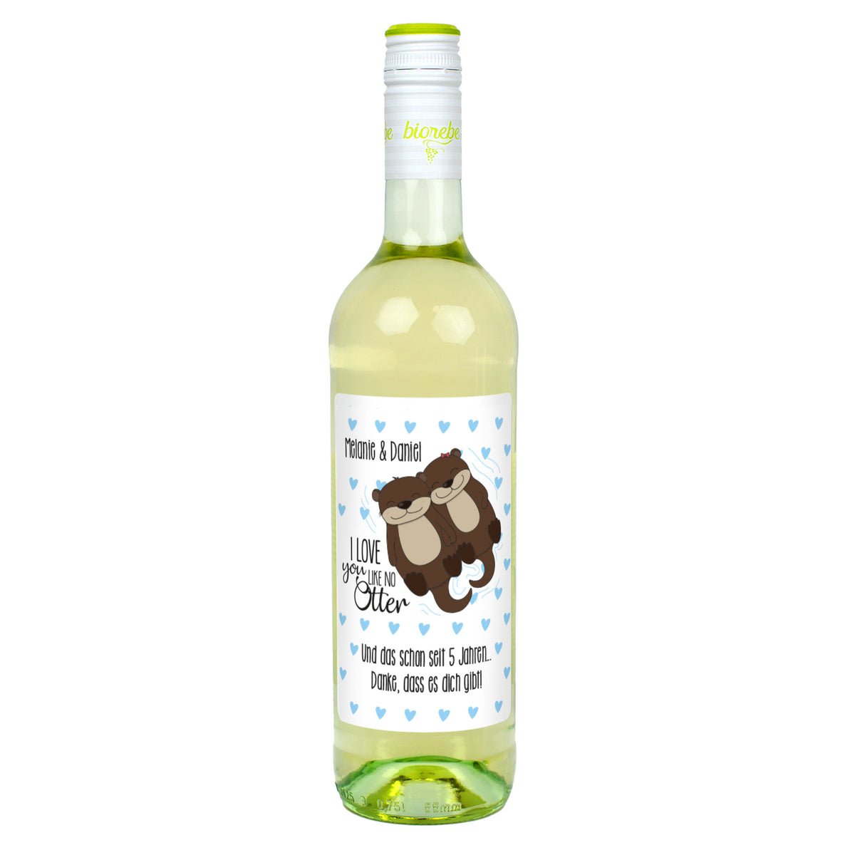 Weißweinflasche mit Otter-Illustration, Text „I love you like no Otter“, Liebesbotschaft, personalisierbar