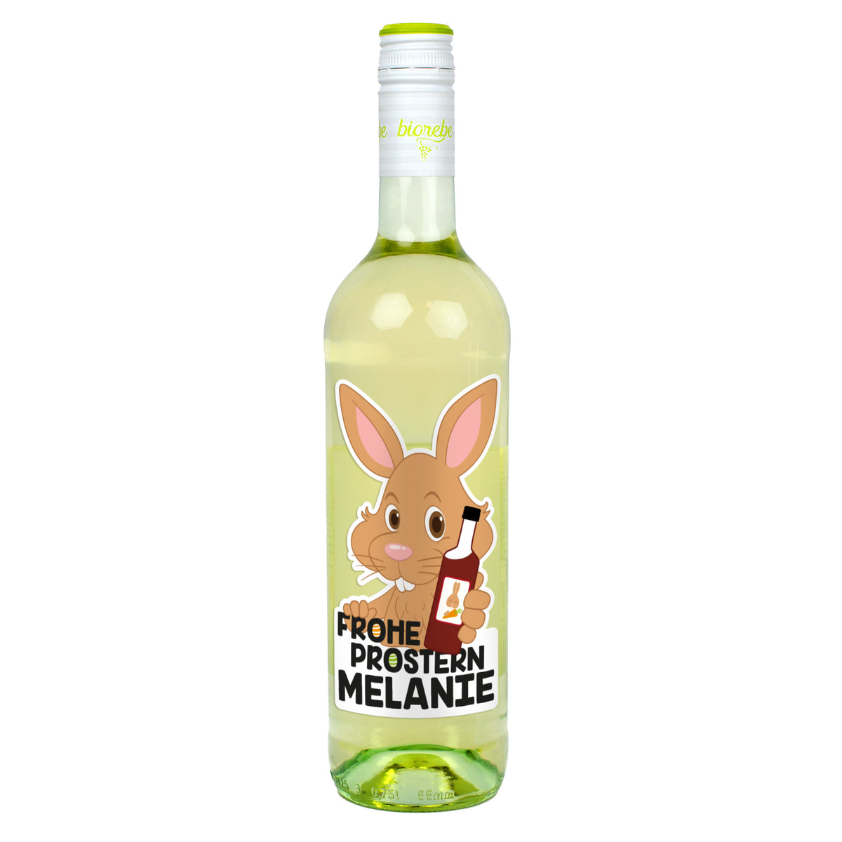 Personalisierte Weißweinflasche mit Osterhasen-Motiv, Schriftzug „Frohe Prostern“ und Name Melanie