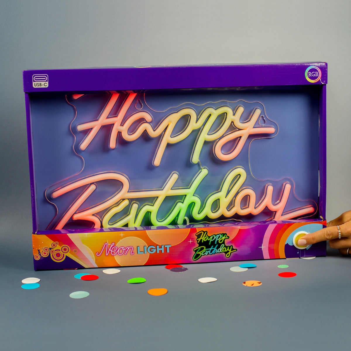 Happy Birthday Schild in Verpackung mit eingeschalteter RGB Beleuchtung