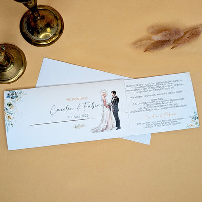 Ziehkarte mit Braut mit Kurzhaarfrisur als Einladung zur Hochzeit
