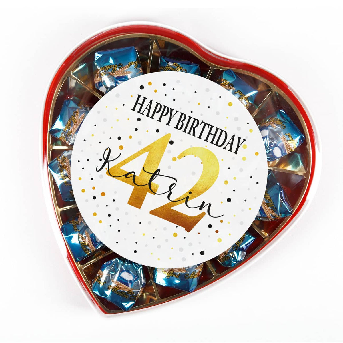 Happy Birthday - Pralinenherz mit Milchcreme-Pralinen und persönlichem Etikett