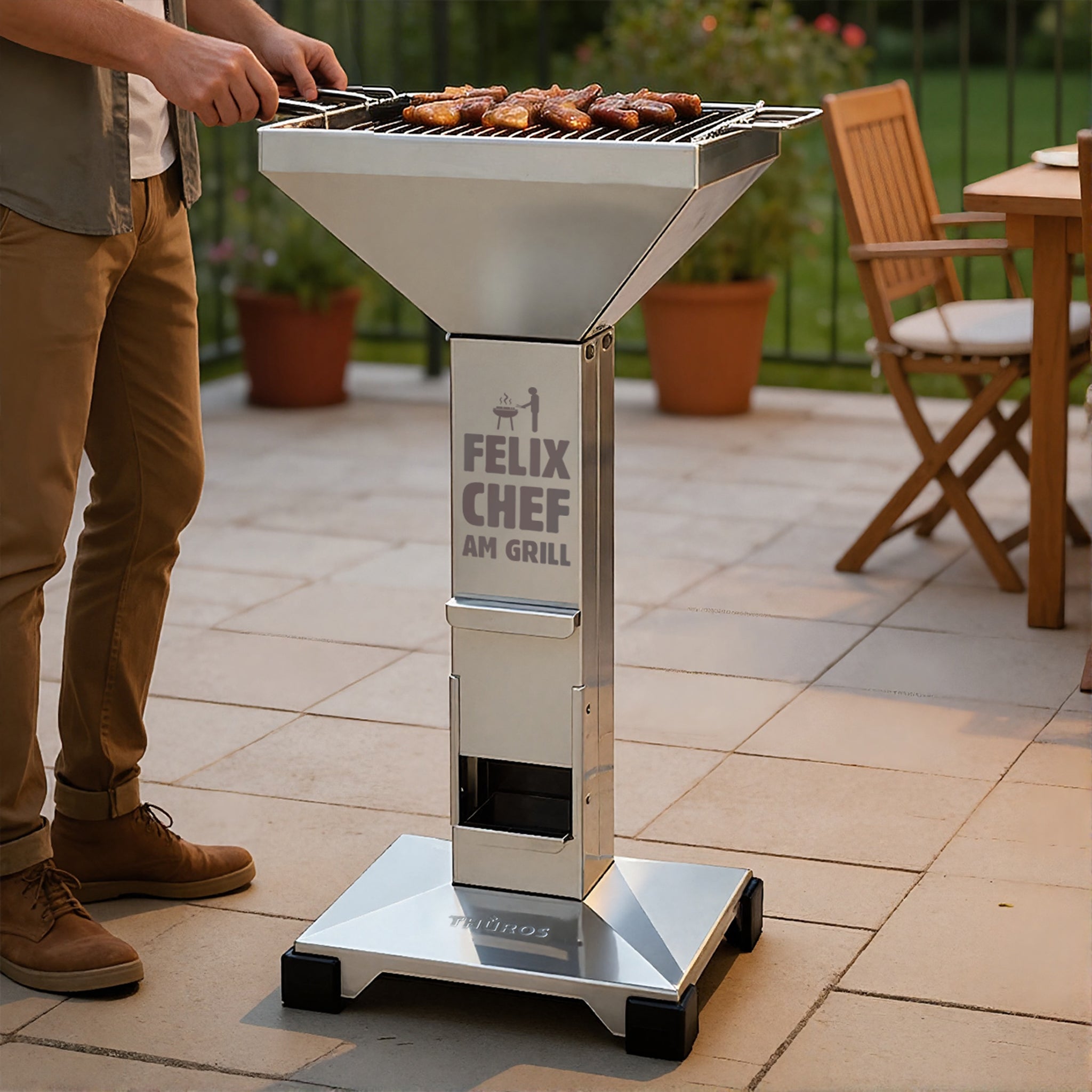 Thüros Säulengrill Holzkohlegrill aus Edelstahl mit persönlicher Gravur 