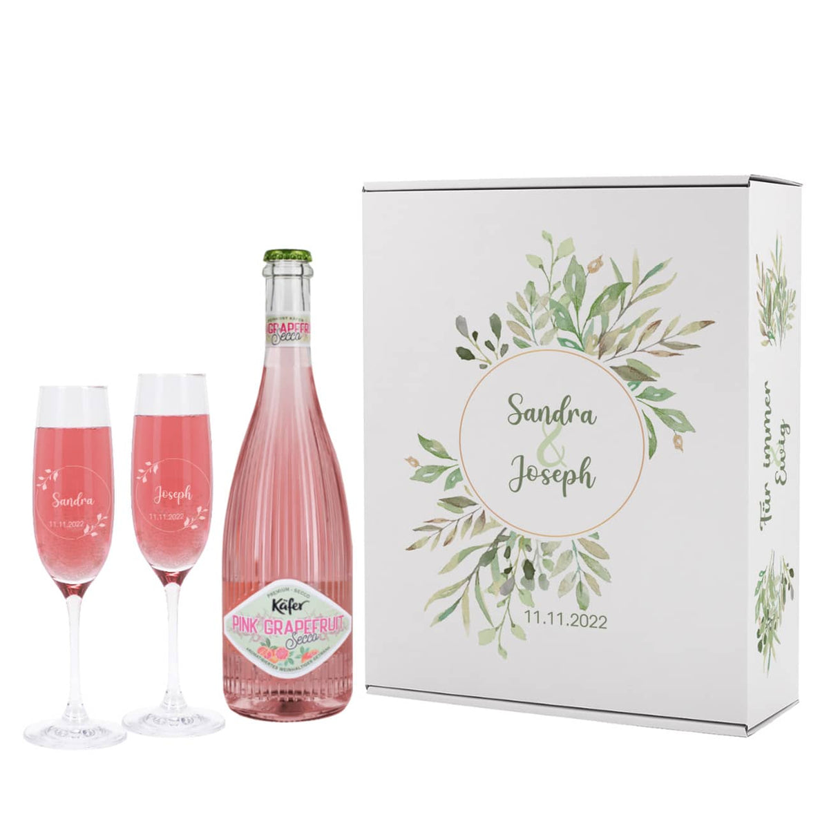 Geschenkset zur Hochzeit mit Fruchtsecco in der Sorte Grapefruit, zwei gravierten Sektgläsern und einer bedruckten Pappbox 