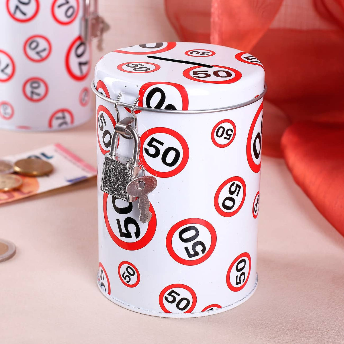 Spardose aus Metall mit Schloss zum 50. Geburtstag