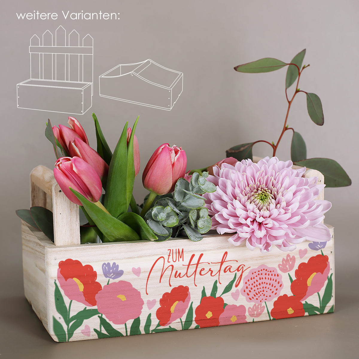 Pflanzkorb aus Holz zum Muttertag mit Blumenmotiv und Tulpen als Geschenkverpackung