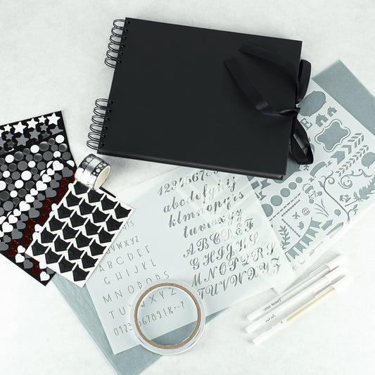 Fotobuch Kreativ Set mit Stickern, Fotoecken, Schablonen, doppelseitigem Klebeband, Washitapes und Stiften