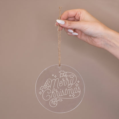 Runder Acryl Weihnachtsanhänger mit Stechpalmen Motiv und Merry Christmas Schriftzug