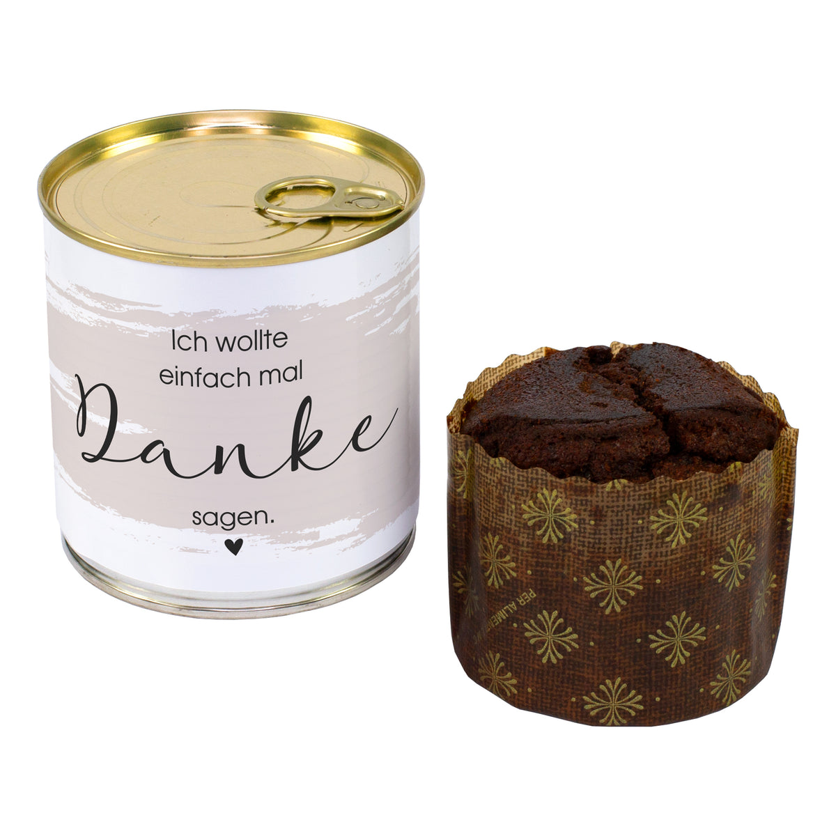 Schokoladen Brownie Kuchen in der Dose als Abschiedsgeschenk mit Danke Spruch und Brownie auf weißem Hintergrund