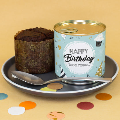 Schokoladen Brownie Kuchen in der Dose mit hellblauem Happy Birthday Motiv als Geschenk zum Geburtstag