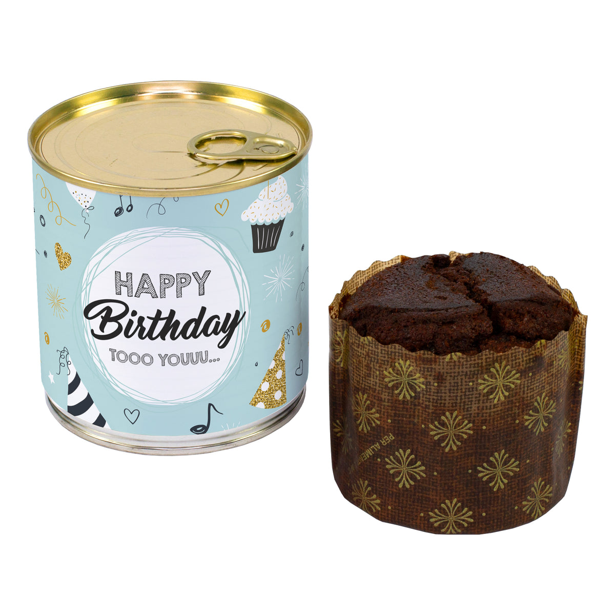 Schokoladen Brownie Kuchen in der Dose zum Geburtstag mit Party-Motiv, Löffel und Konfetti auf Teller
