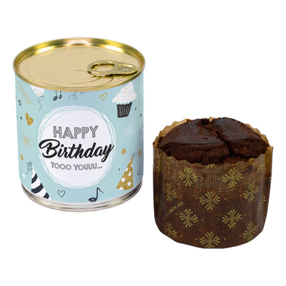 Schokoladen Brownie Kuchen in der Dose zum Geburtstag mit Party-Motiv, Löffel und Konfetti auf Teller