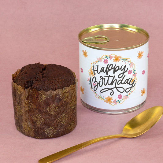 Schokoladen Brownie Kuchen in der Dose mit floralem Happy Birthday Motiv als Geburtstagsgeschenk für Frauen