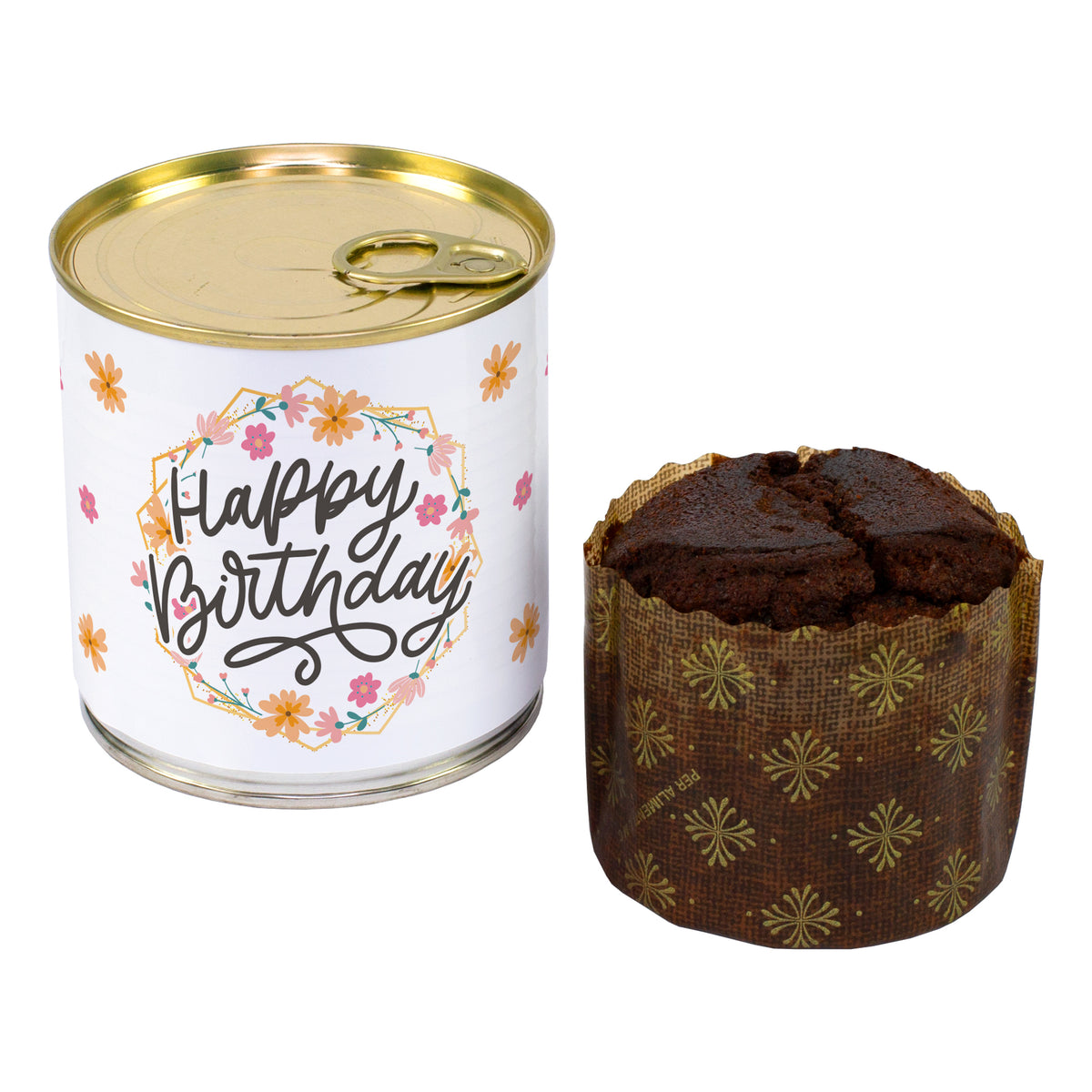 Schokoladen Brownie Kuchen in der Dose mit floralem Happy Birthday Motiv und Brownie auf weißem Hintergrund