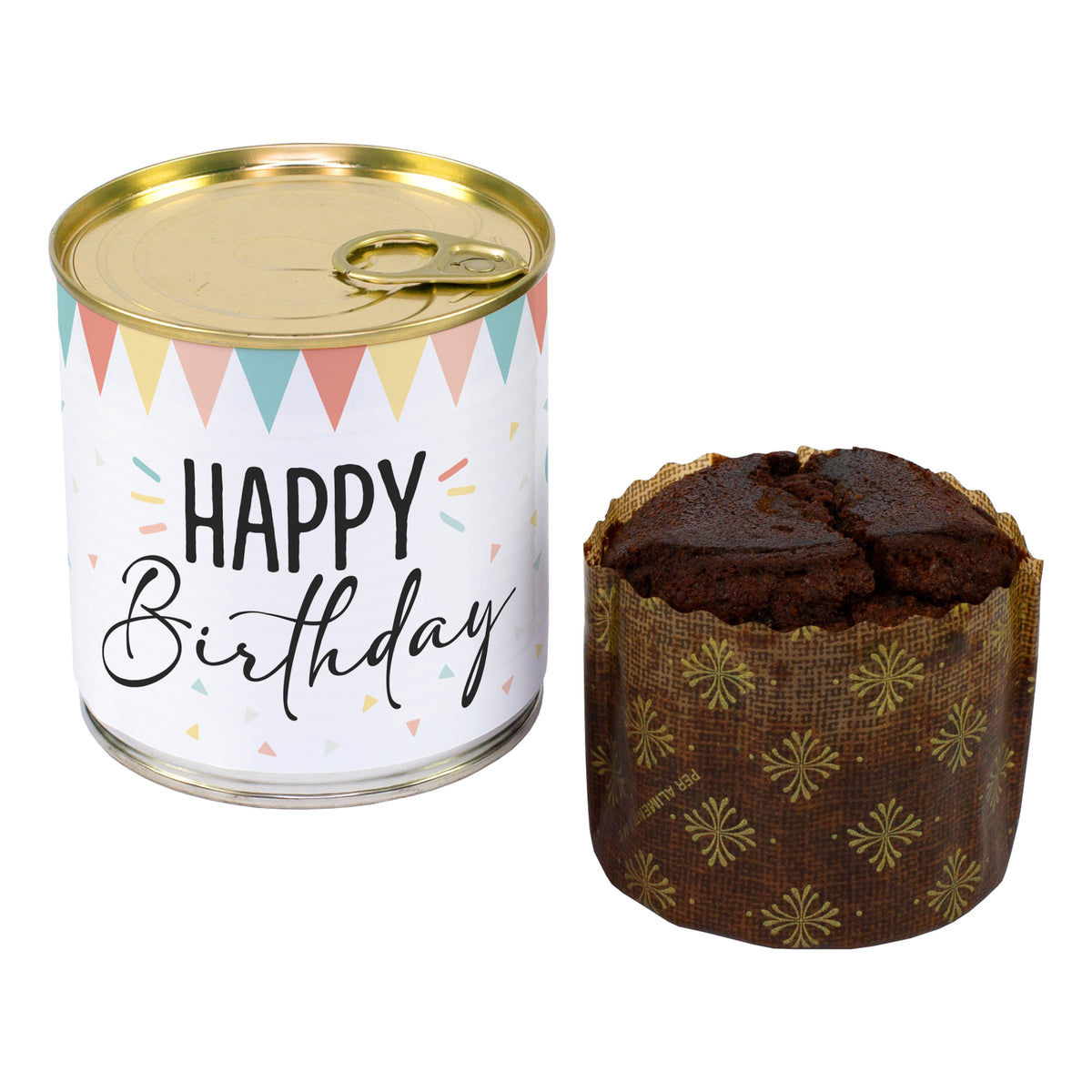 Brownie Kuchen in der Dose mit Happy Birthday Aufdruck und Schokoladenkuchen auf weißem Hintergrund