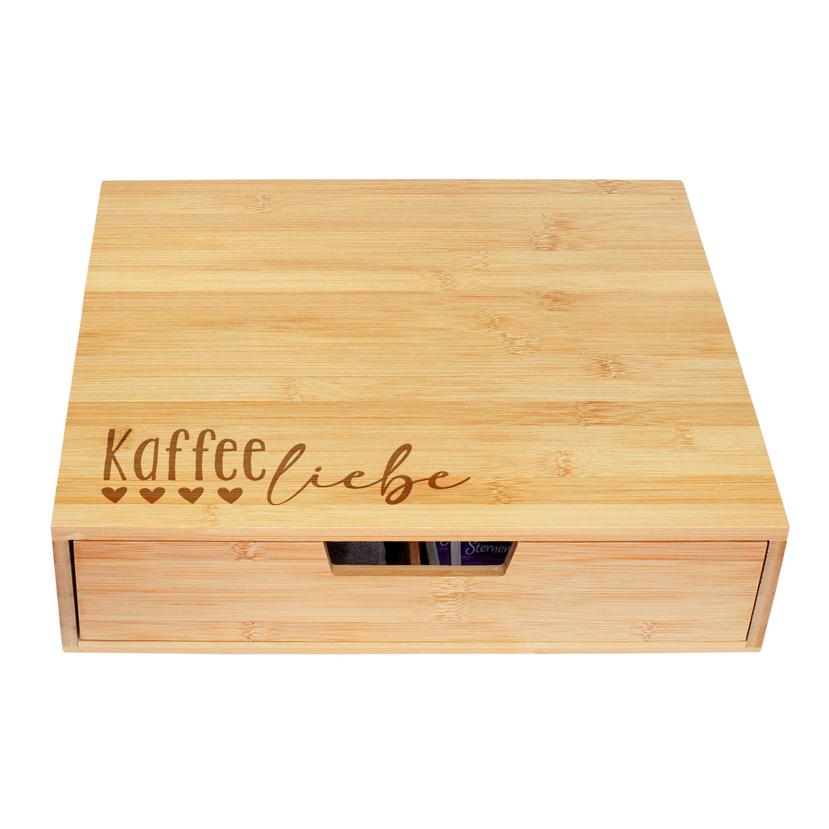 1. Aufbewahrungsbox aus Bambus mit Schublade und lasergraviertem Kaffeeliebe Motiv