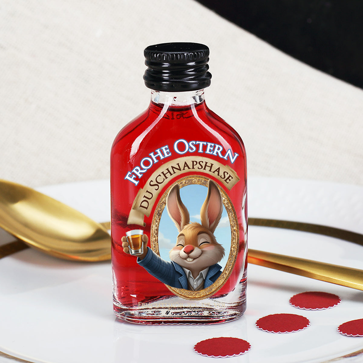 Osterschnaps mit Fruchtlikör in dekorativer Mini-Glasflasche mit Hasenmotiv auf Teller mit Osterdeko