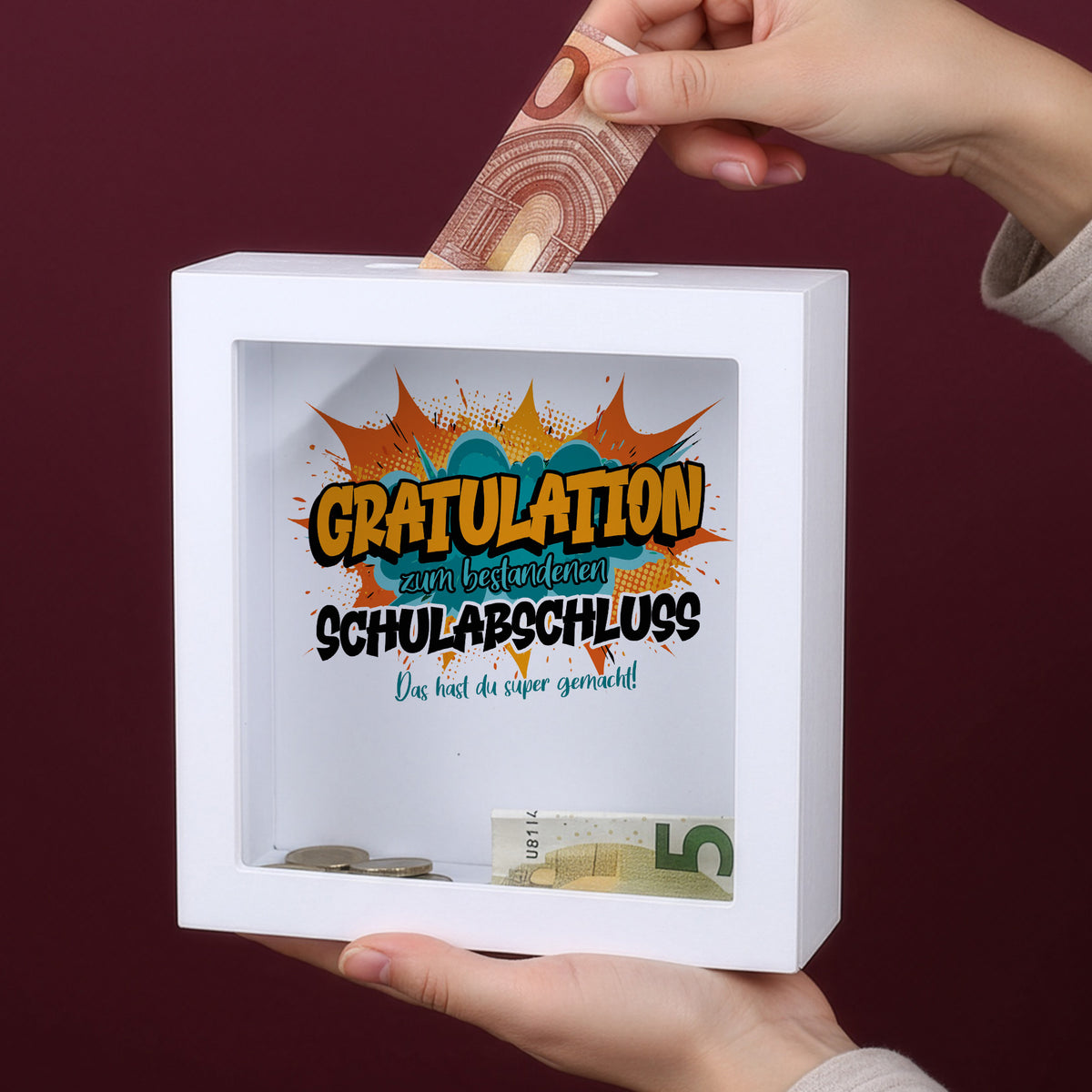 Bilderrahmen-Spardose „Gratulation zum bestandenen Schulabschluss“
