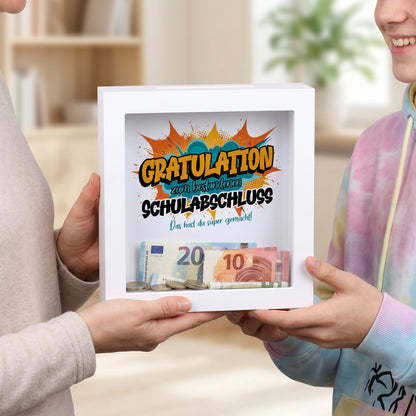 Bilderrahmen-Spardose „Gratulation zum bestandenen Schulabschluss“