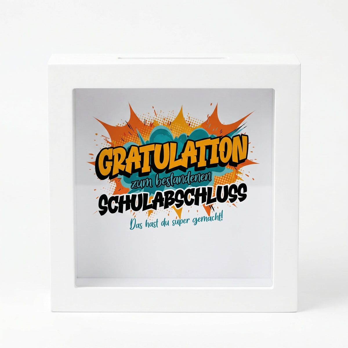 Bilderrahmen-Spardose „Gratulation zum bestandenen Schulabschluss“