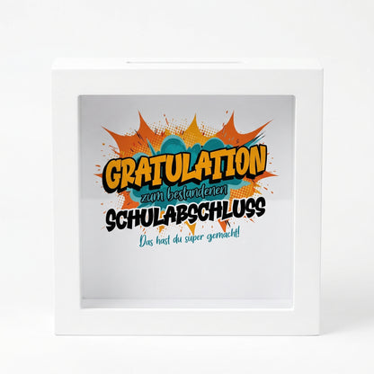 Bilderrahmen-Spardose „Gratulation zum bestandenen Schulabschluss“