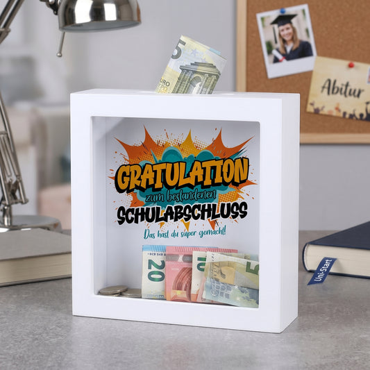 Bilderrahmen-Spardose „Gratulation zum bestandenen Schulabschluss“
