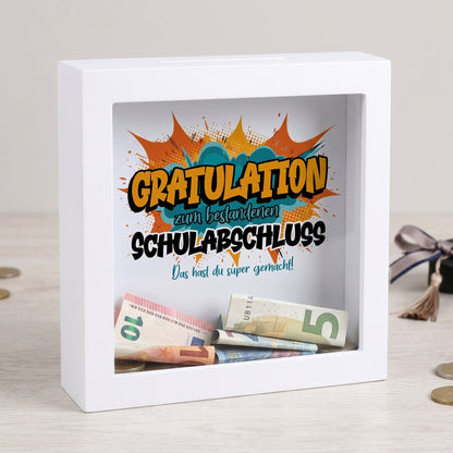 Bilderrahmen-Spardose „Gratulation zum bestandenen Schulabschluss“