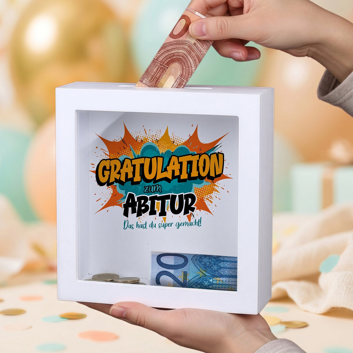 Weiße Bilderrahmen-Spardose als Geldgeschenk zum Abitur mit Comic-Motiv „Gratulation“