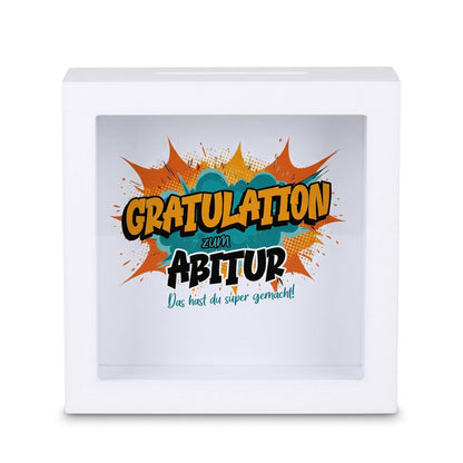 Weiße Bilderrahmen-Spardose als Geldgeschenk zum Abitur mit Comic-Motiv „Gratulation“