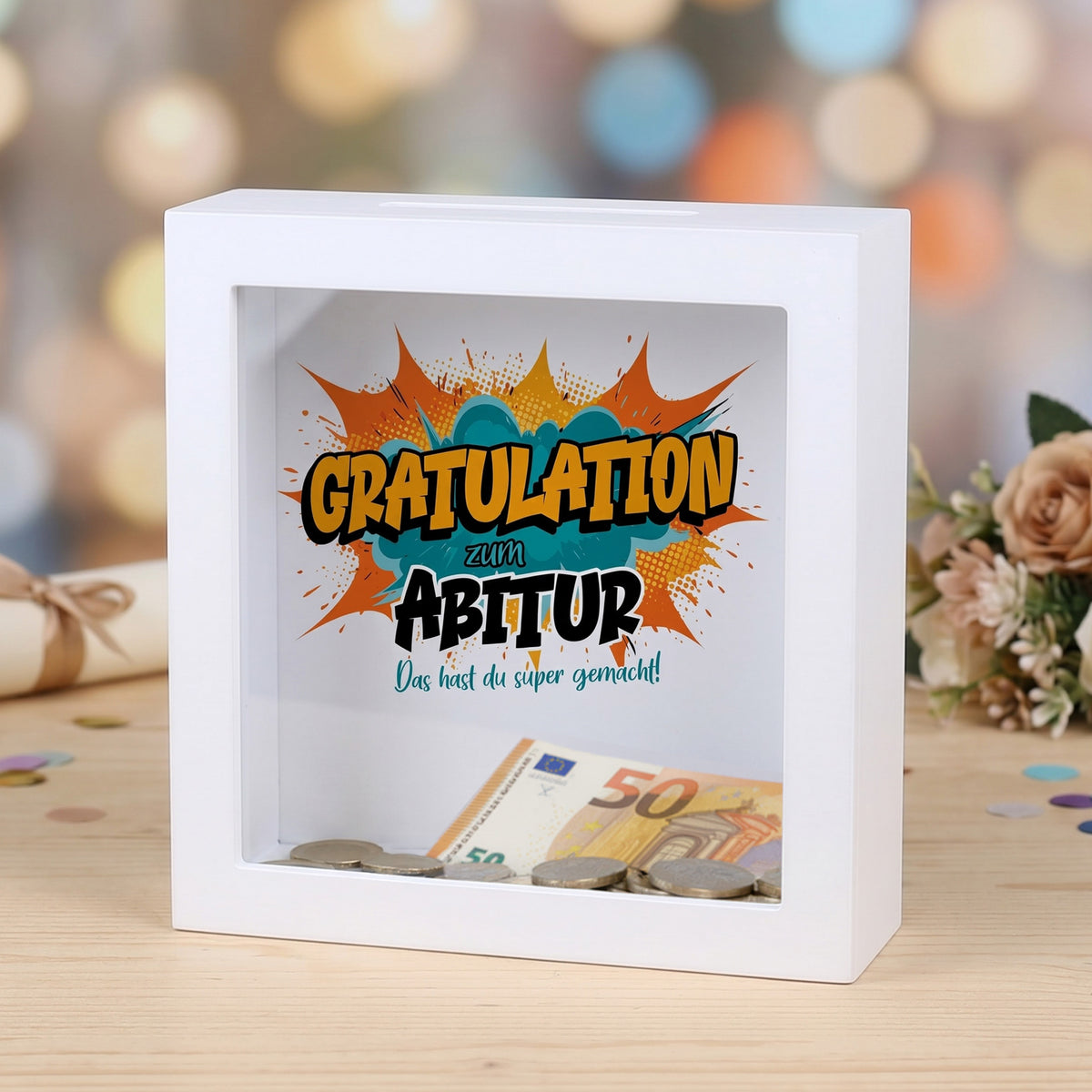 Weiße Bilderrahmen-Spardose als Geldgeschenk zum Abitur mit Comic-Motiv „Gratulation“