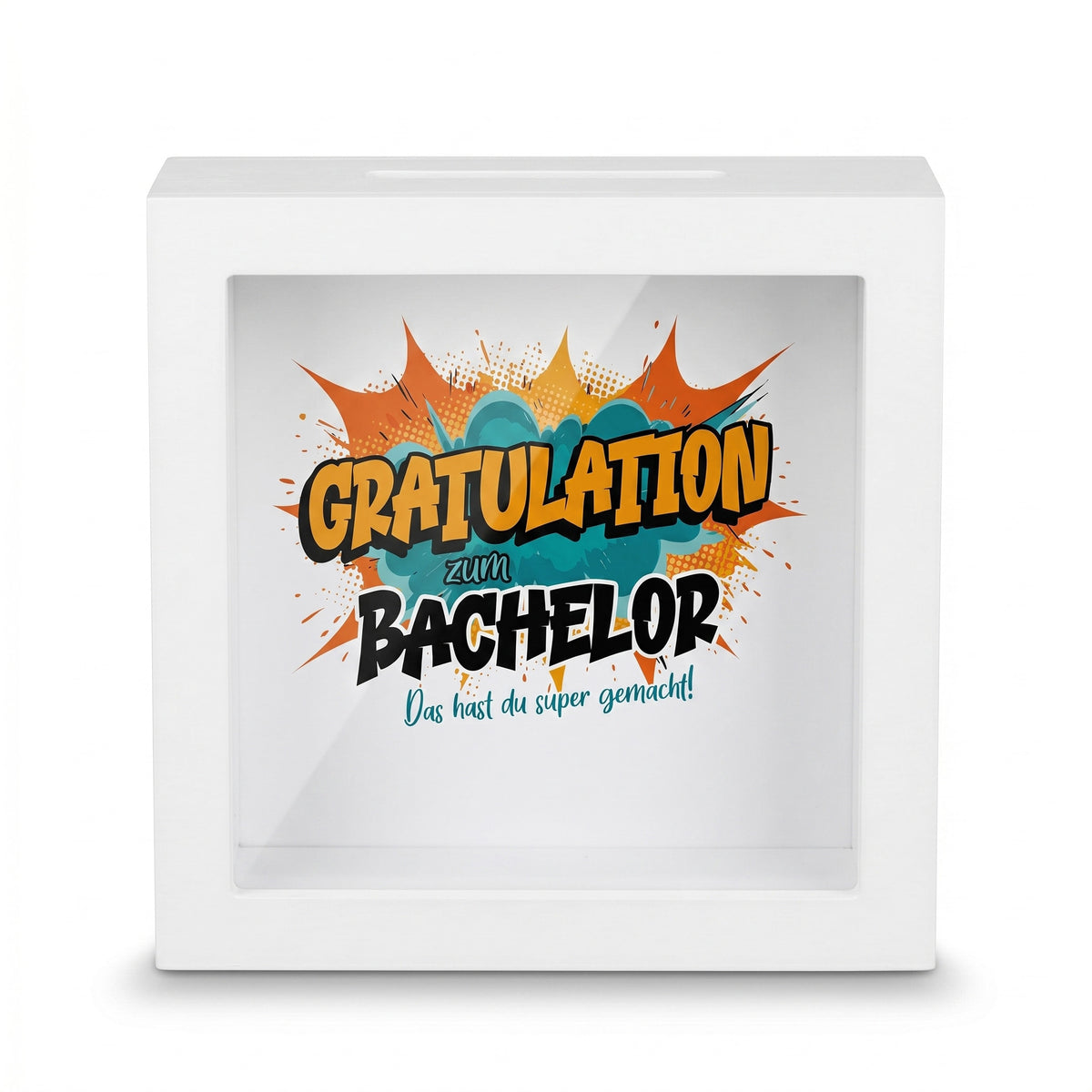 Bilderrahmen-Spardose „Gratulation zum Bachelor“ mit Geldschein und Münzen hinter Glas