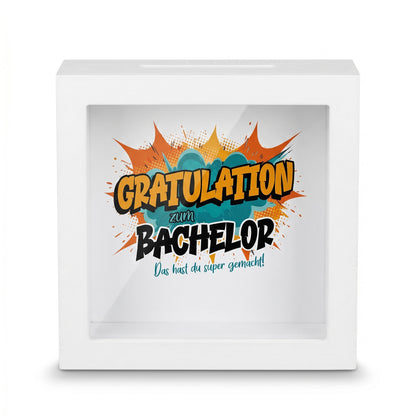 Bilderrahmen-Spardose „Gratulation zum Bachelor“ mit Geldschein und Münzen hinter Glas