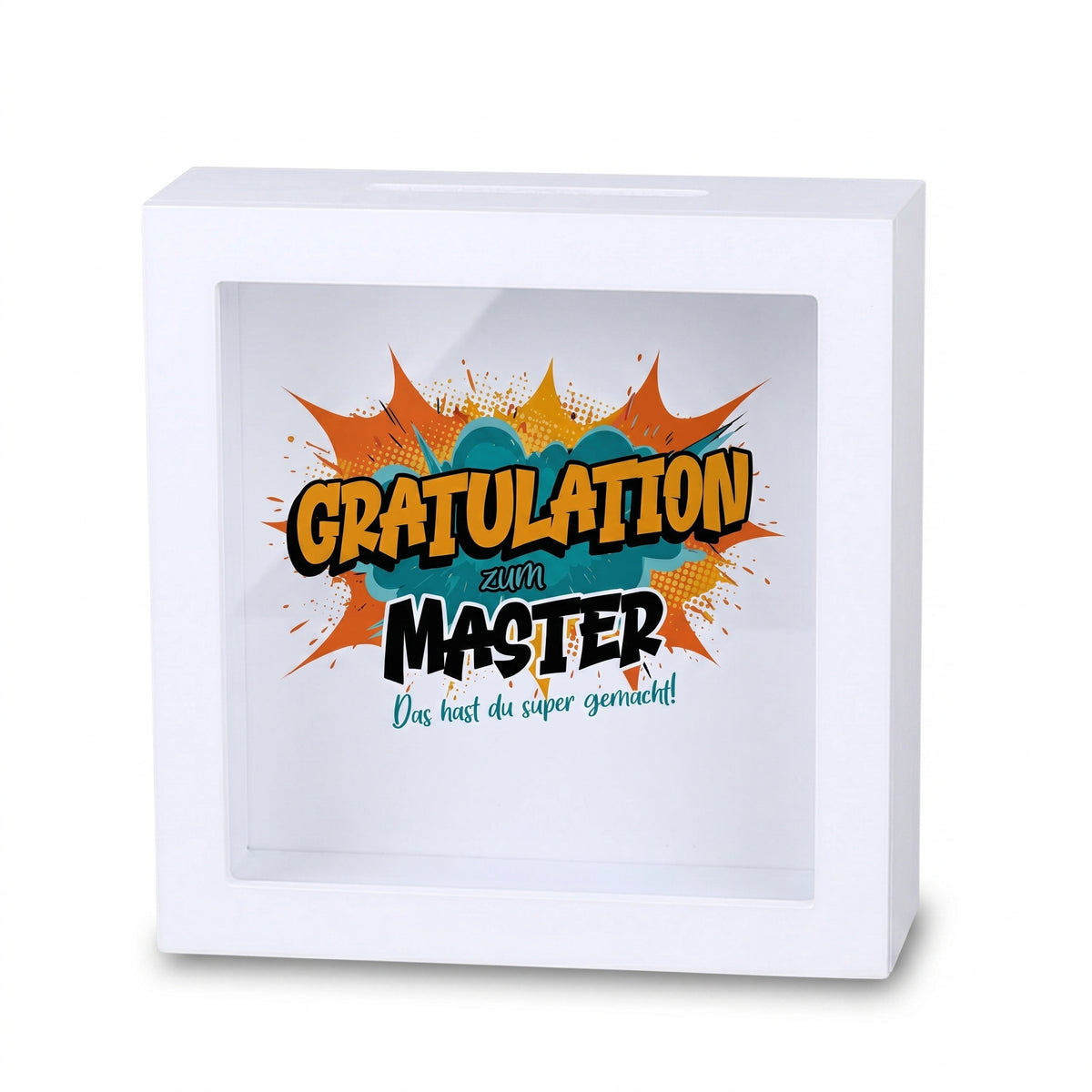 Geldgeschenk-Spardose „Gratulation zum Master“ im weißen Bilderrahmen auf festlicher Deko