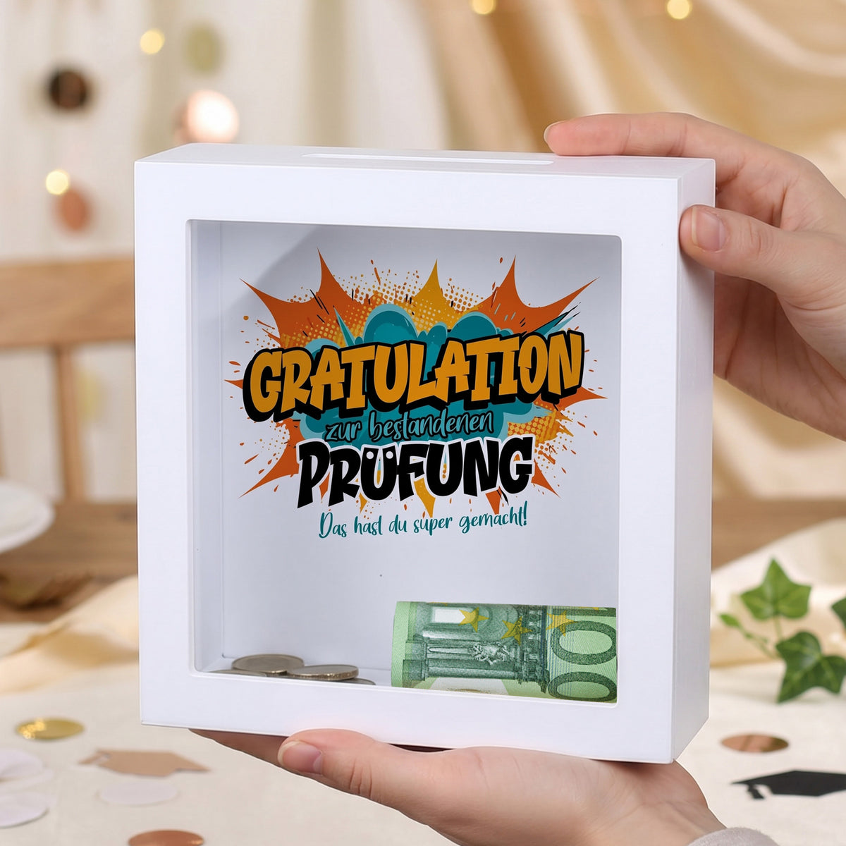 Bilderrahmen-Spardose „Gratulation zur bestandenen Prüfung“ mit Geldschein als Geschenkidee