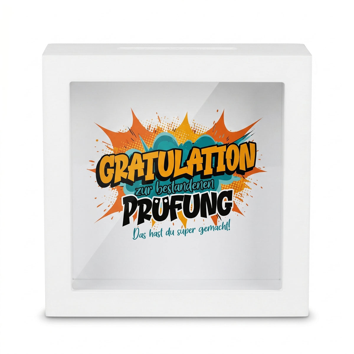 Bilderrahmen-Spardose „Gratulation zur bestandenen Prüfung“ mit Geldschein als Geschenkidee