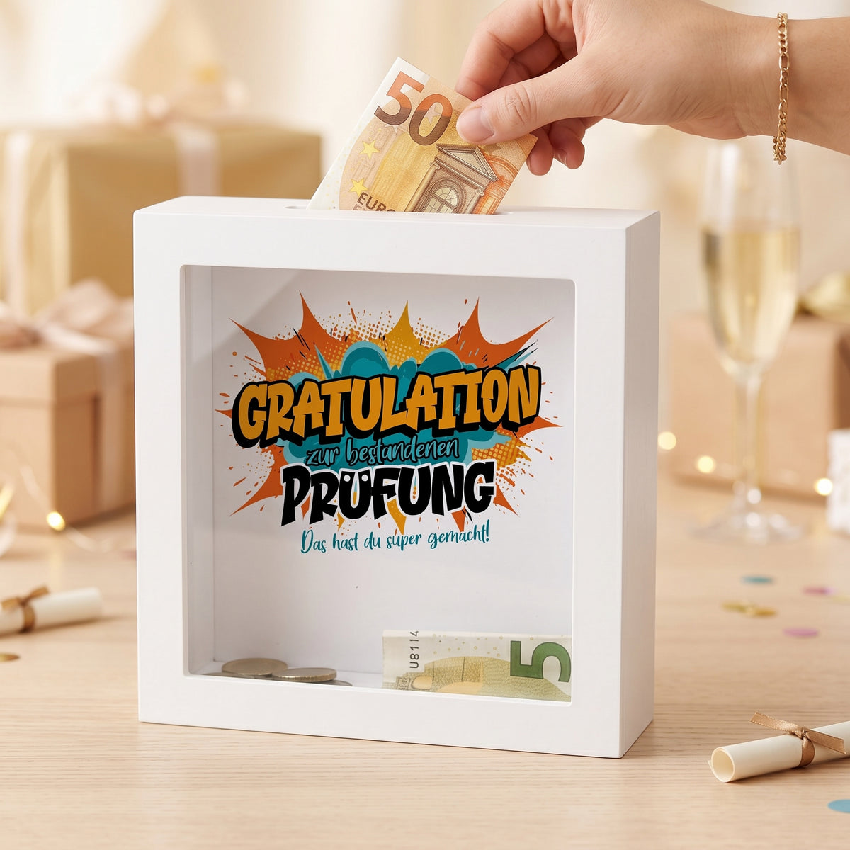 Bilderrahmen-Spardose „Gratulation zur bestandenen Prüfung“ mit Geldschein als Geschenkidee