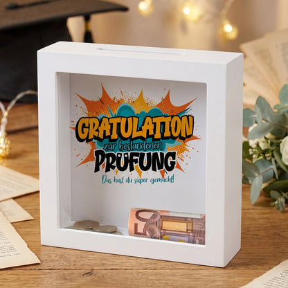 Bilderrahmen-Spardose „Gratulation zur bestandenen Prüfung“ mit Geldschein als Geschenkidee